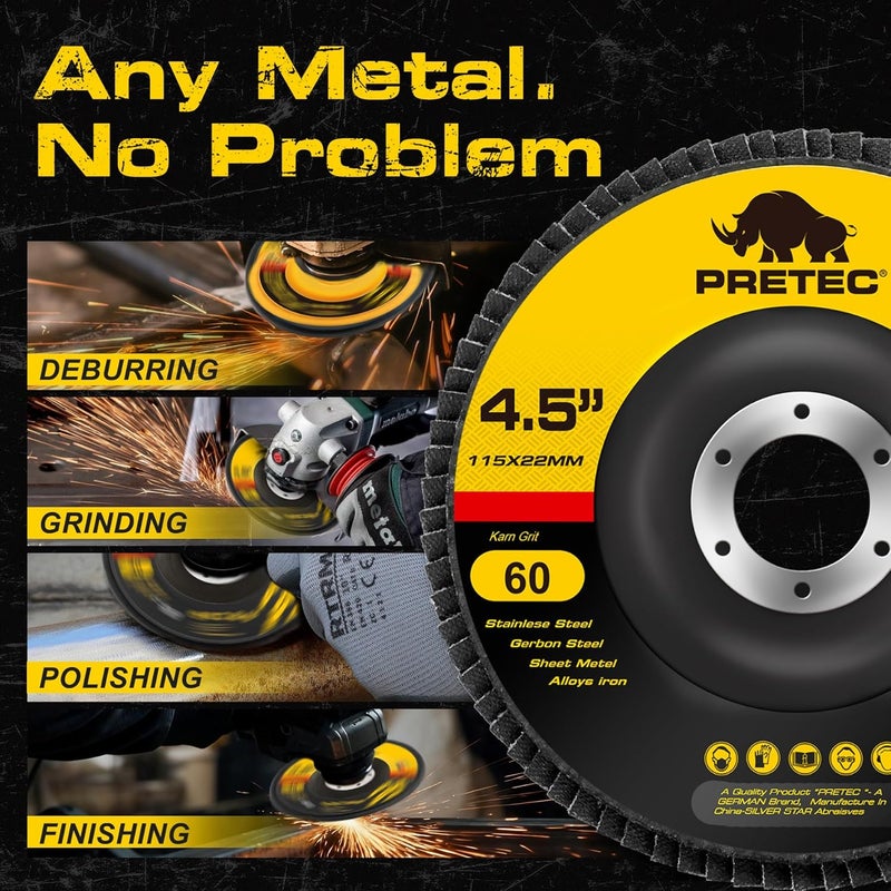 PRETEC Flap Discs 4 1/2 for Angle Grinder, 12 Pcs Flap Discs 60 Grit, 4.5" x 7/8" High Density Zirconia Type 27 Flap Sanding Disc for Grinding, Rust Removal, Sanding and Finishing - 12 Packs - Image 3